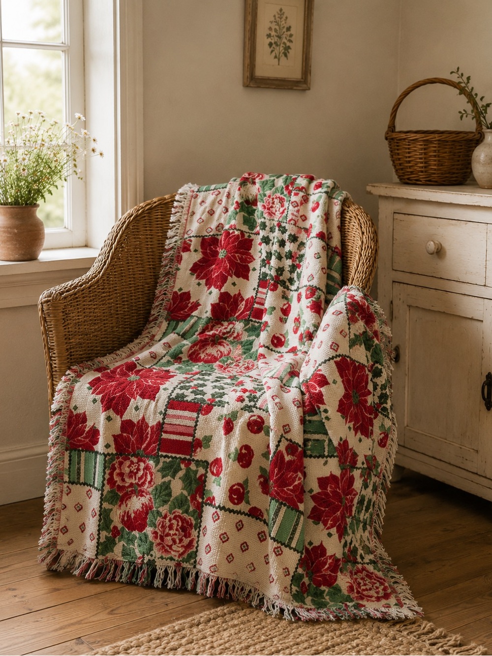 Vintage Tapestry Thick Throw Blanket Roses Floral Flower Fringe Red Green Apples